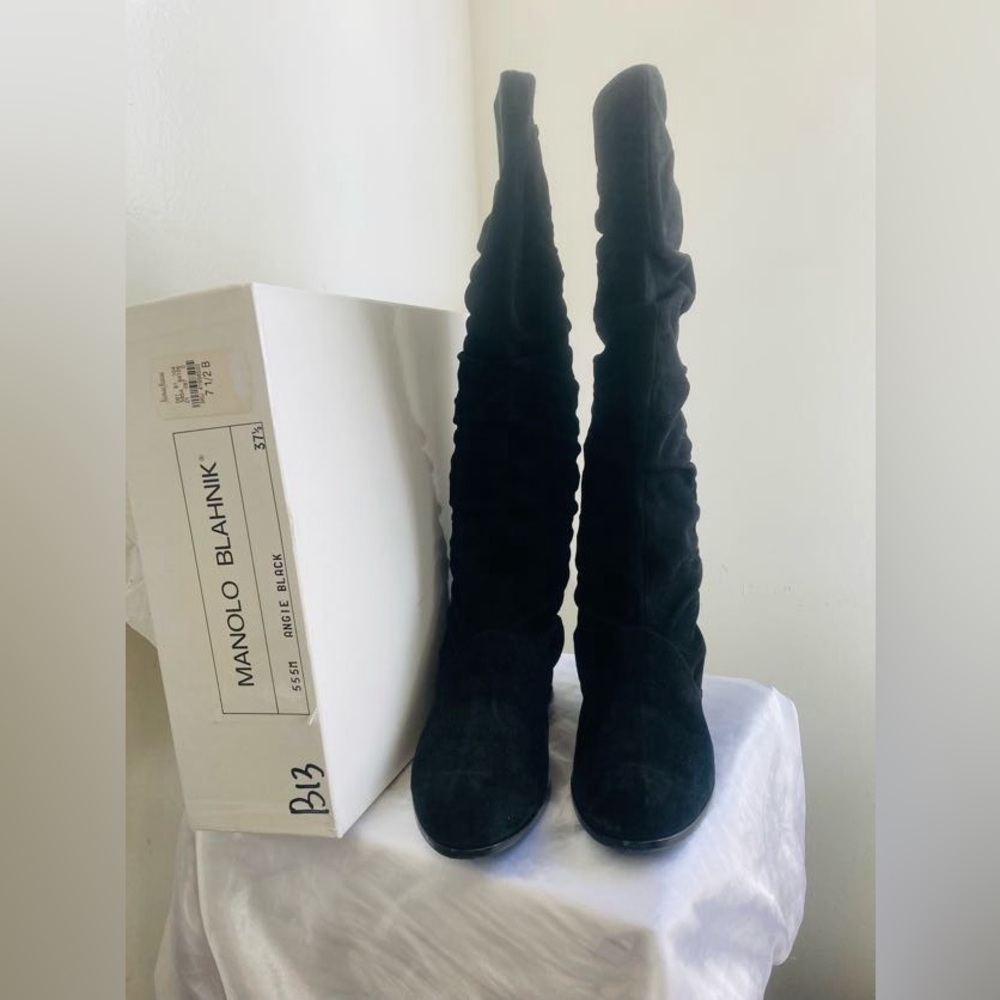 Manolo Blahnik Black Heeled Boots with Ruched Design